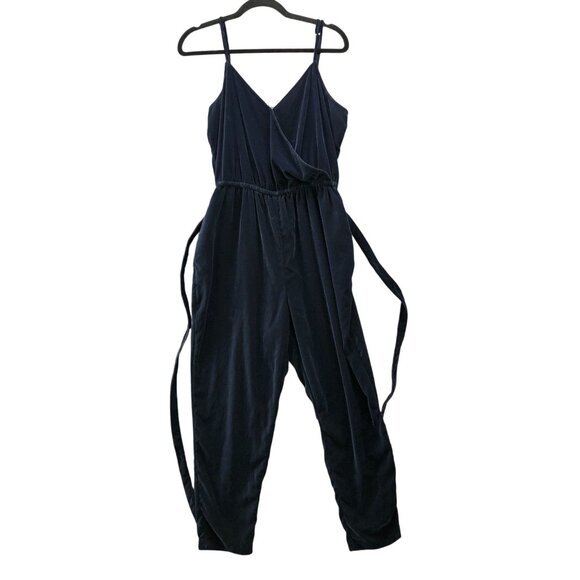Gap Velvet Cami Jumpsuit Womens L Dark Blue Navy Tapered Relaxed Tie Waist - Picture 1 of 8